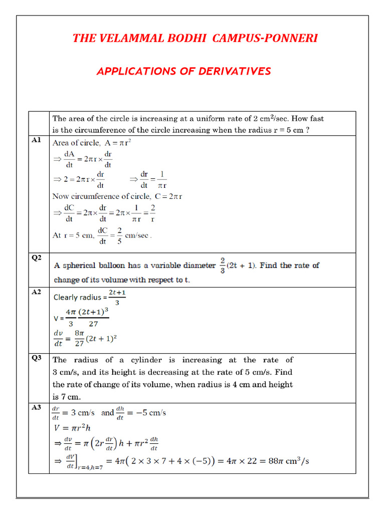 6.applications of Derivatives - Chapter Wise Practice Questions ...