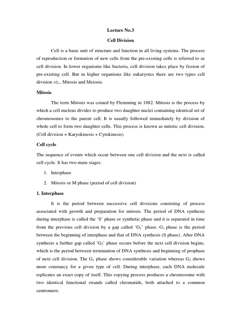 Lec .No. 3 Cell Division | PDF | Meiosis | Mitosis