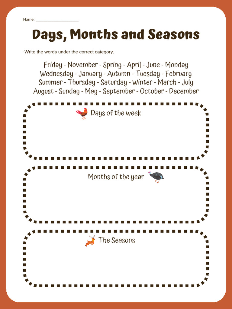 Days, Months and Seasons Worksheet | PDF