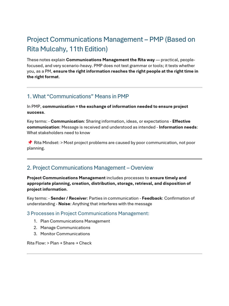 PMP Communications Management - Rita Mulcahy Detailed Notes | PDF ...