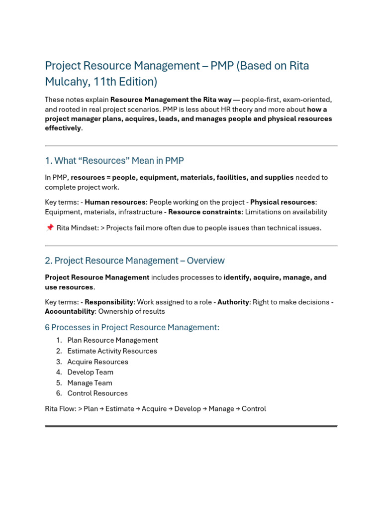PMP Resource Management - Rita Mulcahy Detailed Notes | PDF