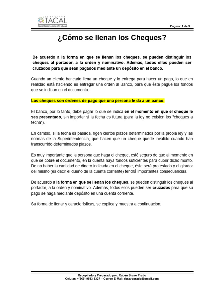 Cómo Se Llenan Los Cheques | PDF | Cheque | Bancos