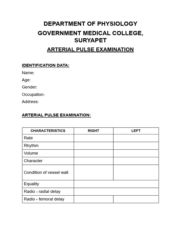 Arterial Pulse Examination Proforma | PDF