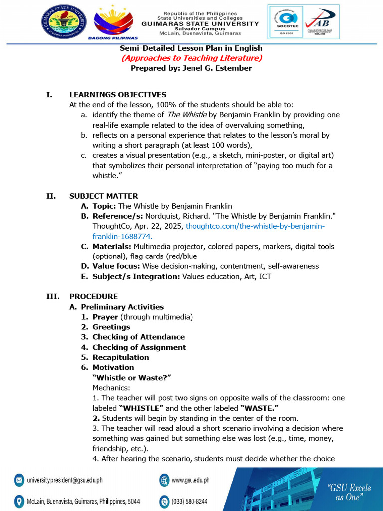 EL 106 LP Approaches Teaching Literature | PDF | Pleasure | Lesson Plan