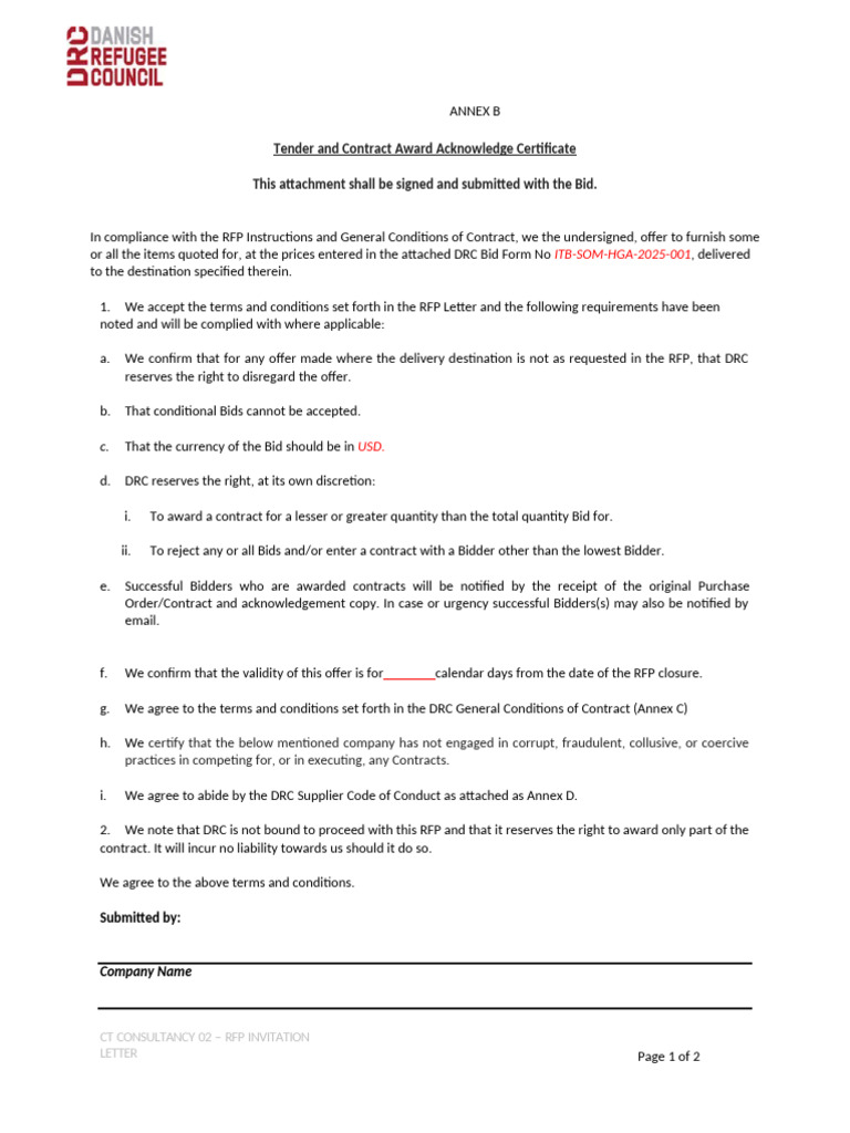 Annex B - Tender Award and Acknowledgement Certificate | PDF
