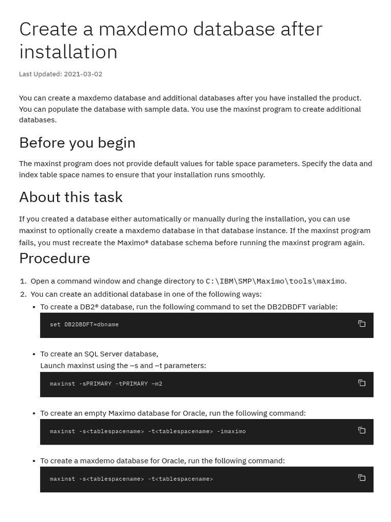 Create A Maxdemo Database After Installation - IBM Documentation | PDF ...