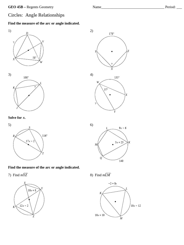 Geo 45B Worksheet - Mixed Circle Angles | PDF | Angle | Geometric Shapes