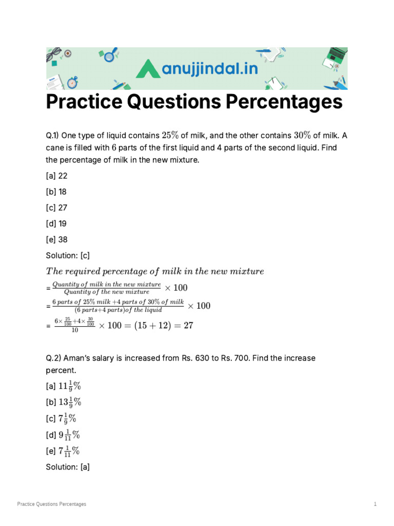 Anujjndal Practice-Questions-Percentages | PDF | Percentage ...