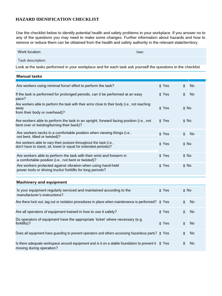 Hazard Identification Checklist | PDF | Knife | Safety