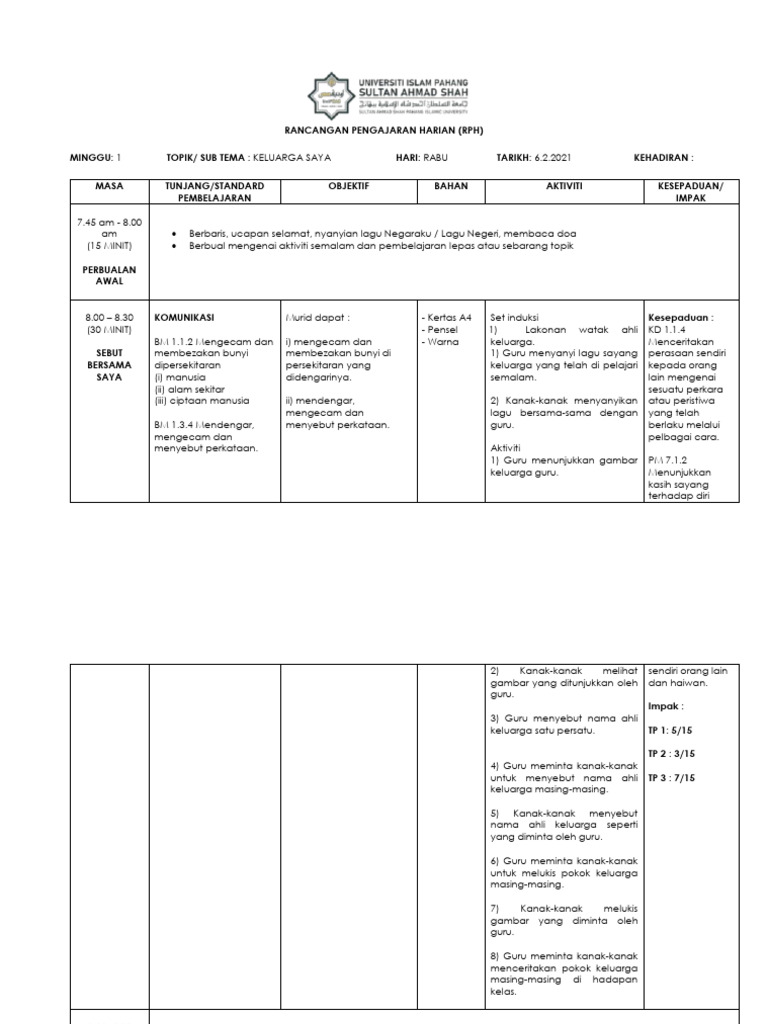 Rancangan Pengajaran Harian RPH Contoh | PDF