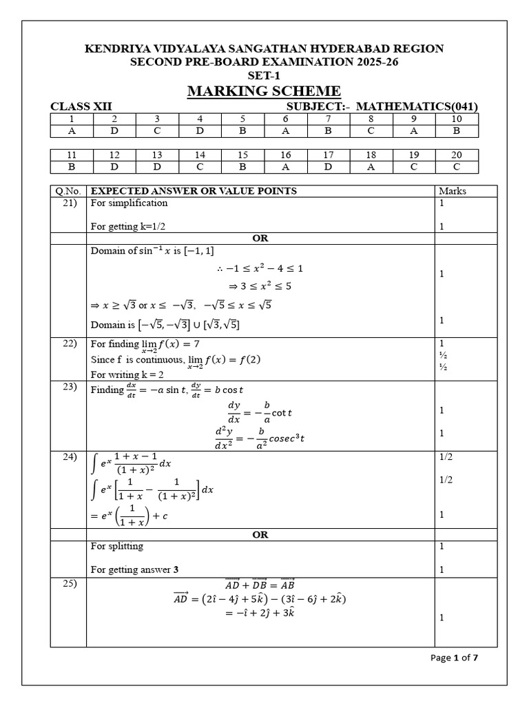 (MS) Class Xii Maths Pre Board - 2 (Set-1) (KVS, Hydrabad) 2025-26 ...