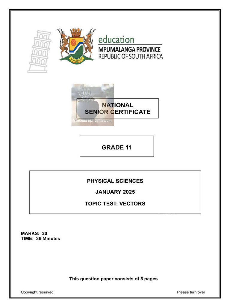 MP Physical Science Grade 11 VECTOR TEST 2025 QP Only | PDF