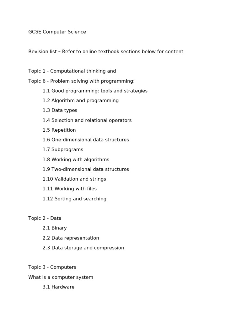 GCSE Computer Science Revision List - Refer To Online Textbo | PDF
