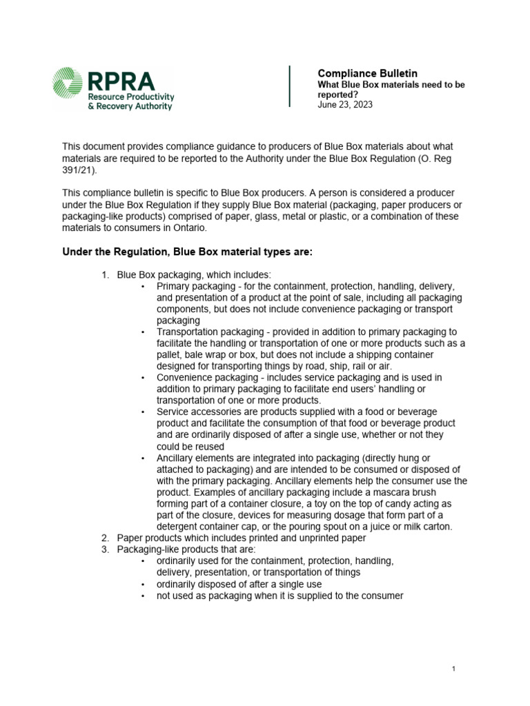 Compliance Bulletin What Blue Box Materials Need To Be Reported | PDF ...