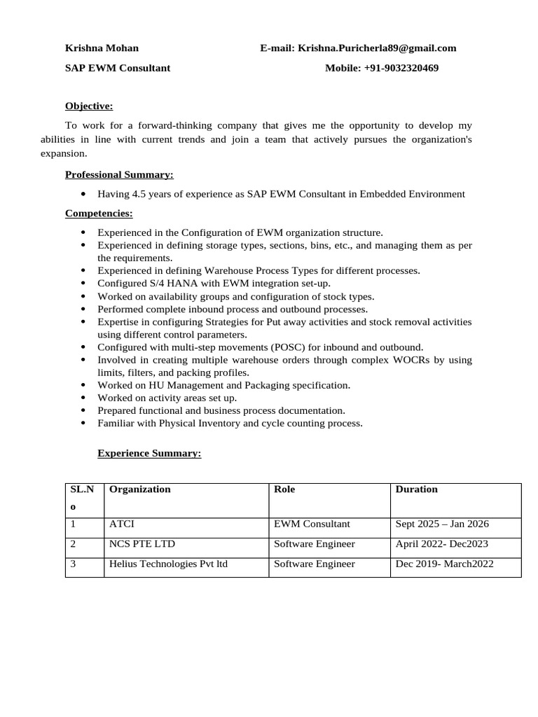 Krishna Mohan 4.5 Years SAP EWM Resume 1 | PDF | Software Engineering ...