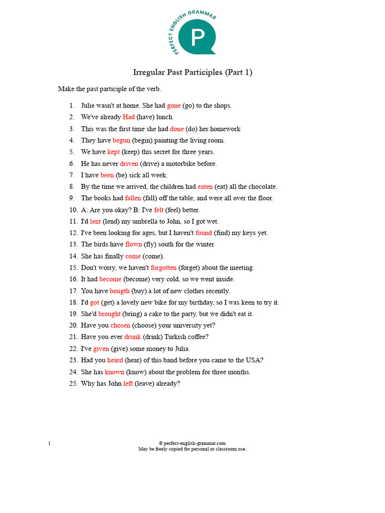 50 Irregular Verbs Past Participle Part 1 | PDF | Chess | Chess Theory