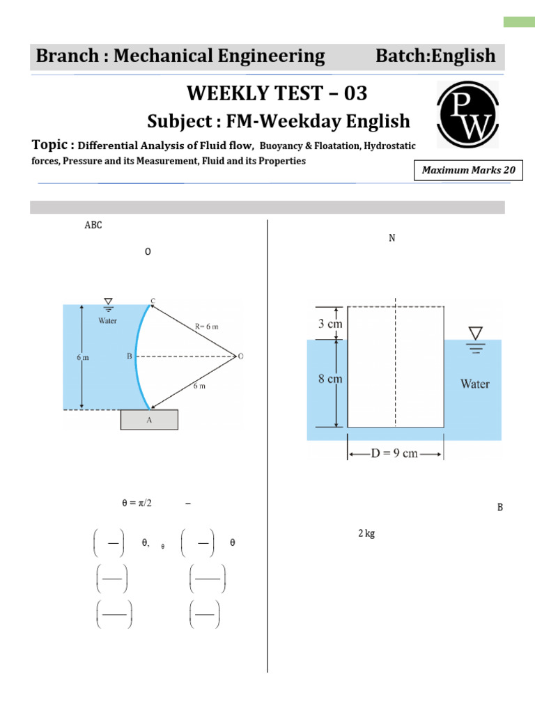 Fluid Mechanics Weekly Test 2 | PDF | Pressure | Soft Matter