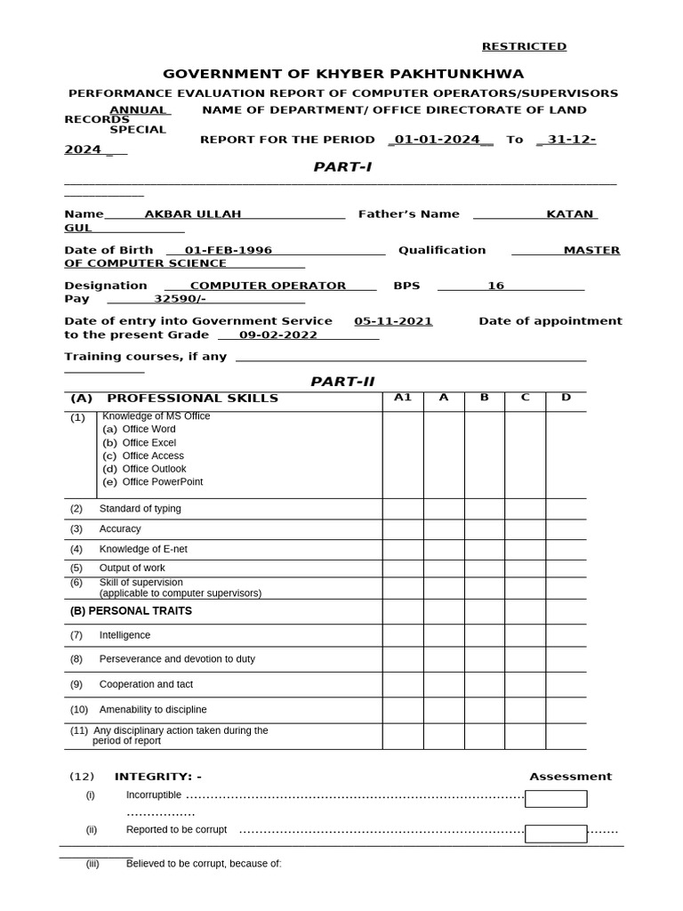 Computer Operator Blank ACR Form | PDF