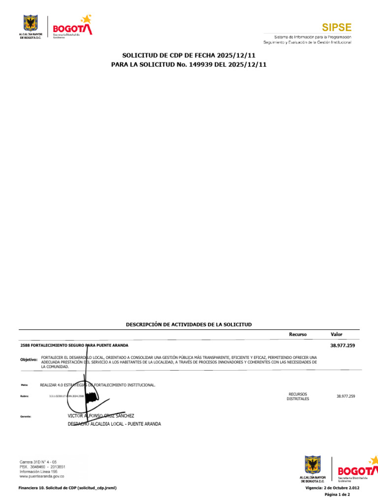 Solicitud CDP Mantenimiento de Vehiculos | PDF | Sustentabilidad ...
