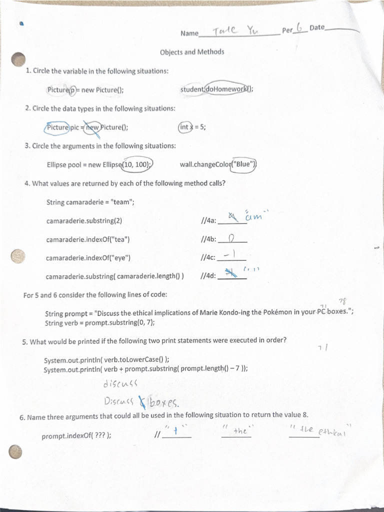Objects and Methods Worksheet (Sep 8, 2025 at 1:54 PM) | PDF