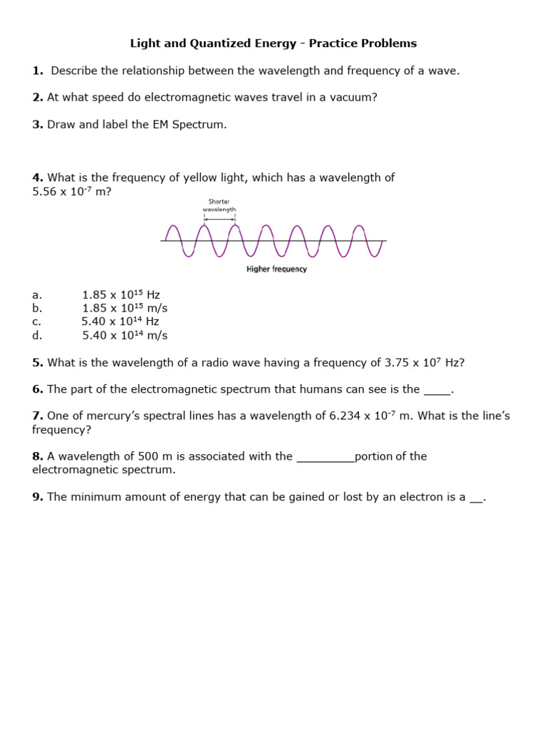 Light and Quantized Energy - Practice Problems | PDF | Frequency | Light