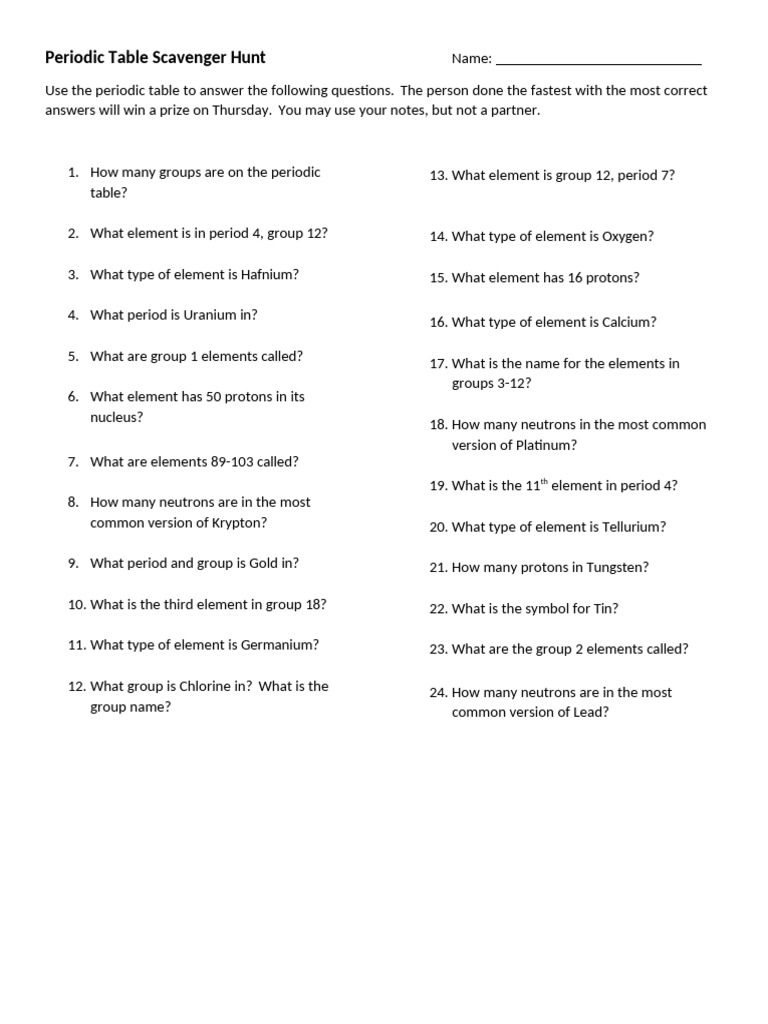 Periodic Table Scavenger Hunt | PDF | Chemical Elements | Periodic Table