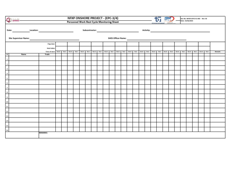 Personnel Work Rest Cycle Log Rev-02 | PDF