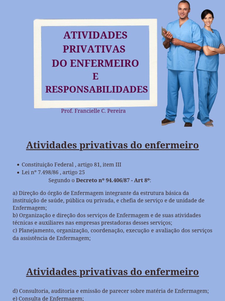 Atividades Privativas Do Enfermeiro | PDF | Enfermagem | Crimes