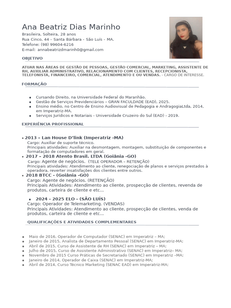 Anna Beatriz - CV Atualizado | PDF | Educação à distância | Atendimento ...