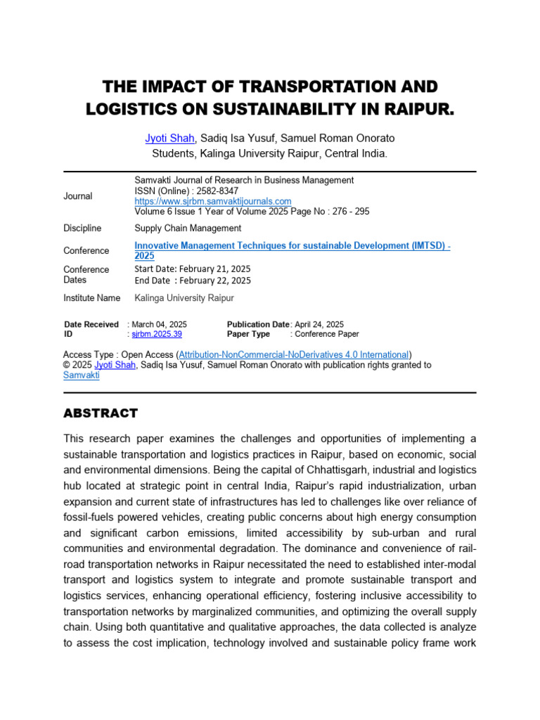 Impact Transportation and Logistics Sustainability Raipur | PDF ...