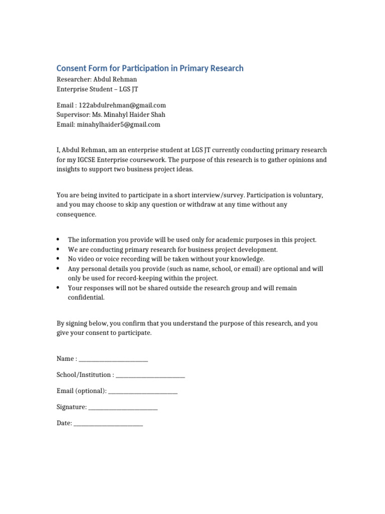 Consent Form Primary Research | PDF