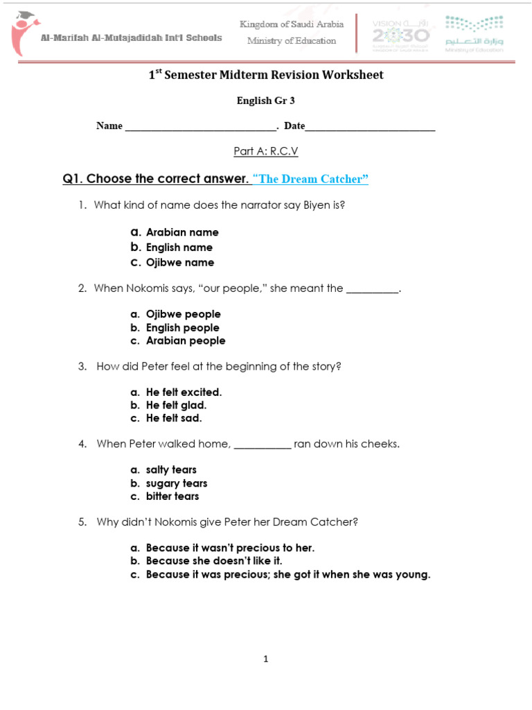 Gr. 3 - English First Term Midterm Worksheet | PDF