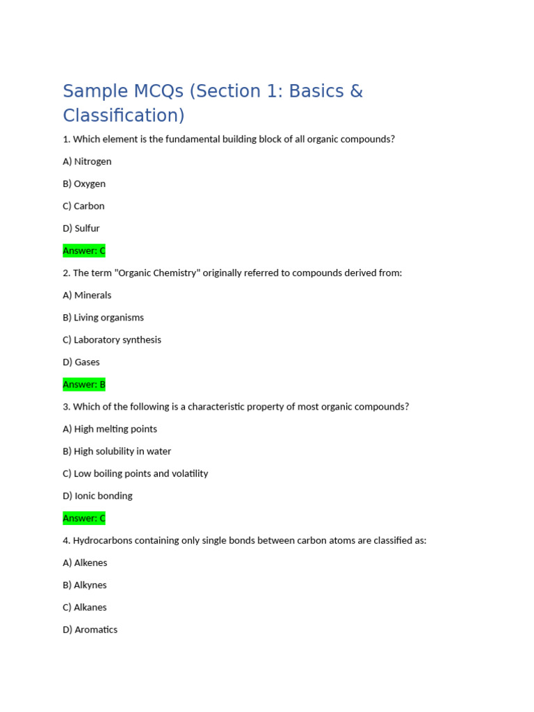 Organic Chemistry Mcqs | PDF | Alkene | Alkane
