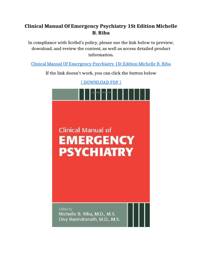 Clinical Manual of Emergency Psychiatry 1st Edition Michelle B. Riba ...