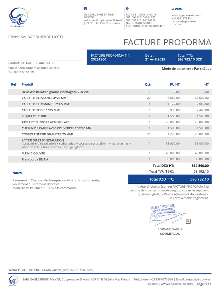 FACTURE PROFORMA #20251360-SALDAE SHIFABE HOTEL Devis D'instalations ...
