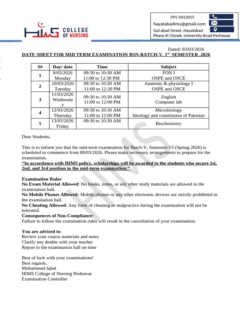 Date Sheet Mid Term Exam BSN 1st Semester Fall-2026 | PDF
