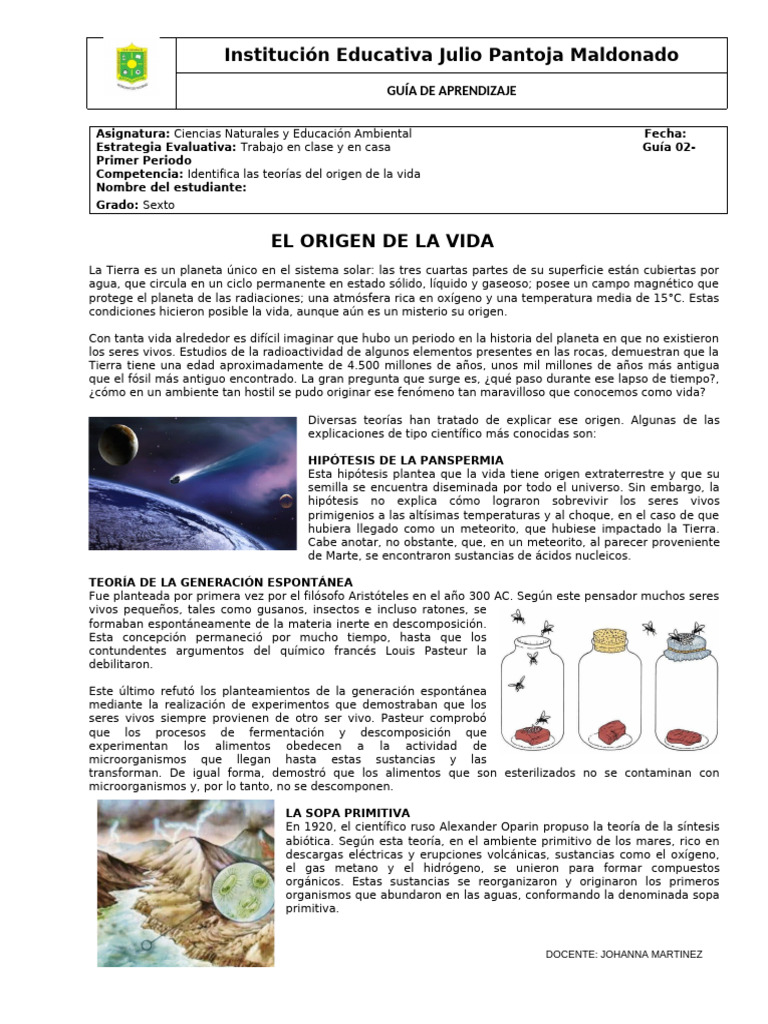 Guia Teorias Origen de La Vida | PDF | Evolución | Hidrógeno