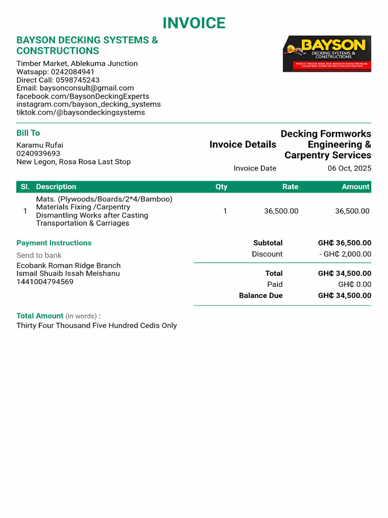 Invoice DeckingFormworksEngineeringCarpentryServices | PDF