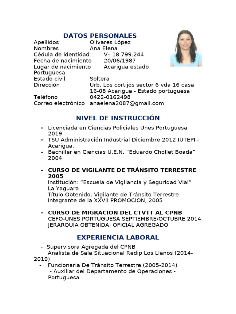 Hoja de Vida Ana Olivares | PDF