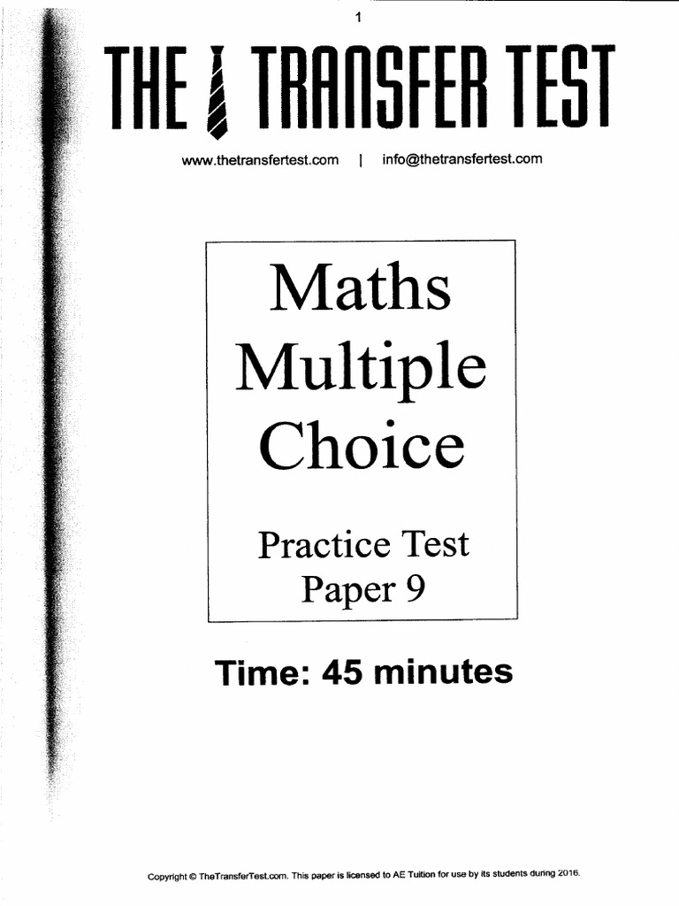 The Transfer Test Maths Multiple Choice Practice Test 9 | PDF
