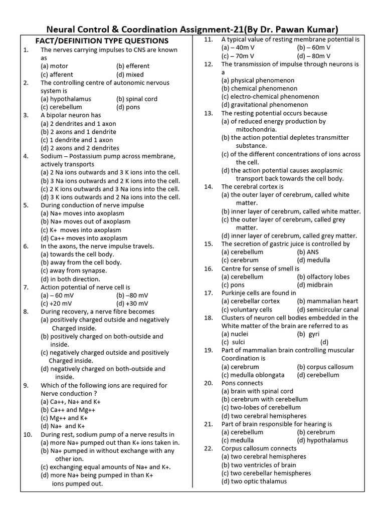 Neural Control and Coordination Assignment-21 | PDF | Chemical Synapse ...