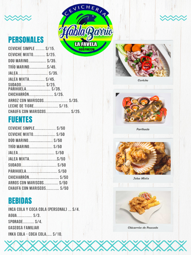 Menú de Comida Peruana Restaurante Gastronomía Marina Blanco y Turquesa ...
