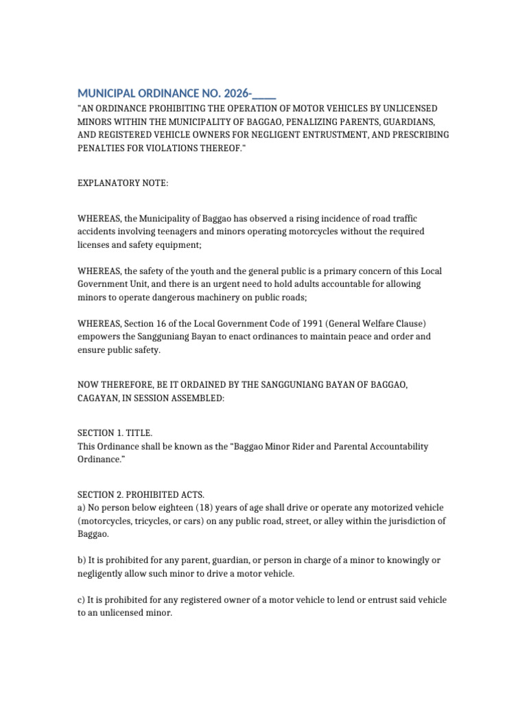 Baggao Minor Rider Ordinance 2026 | PDF | Local Ordinance | Justice