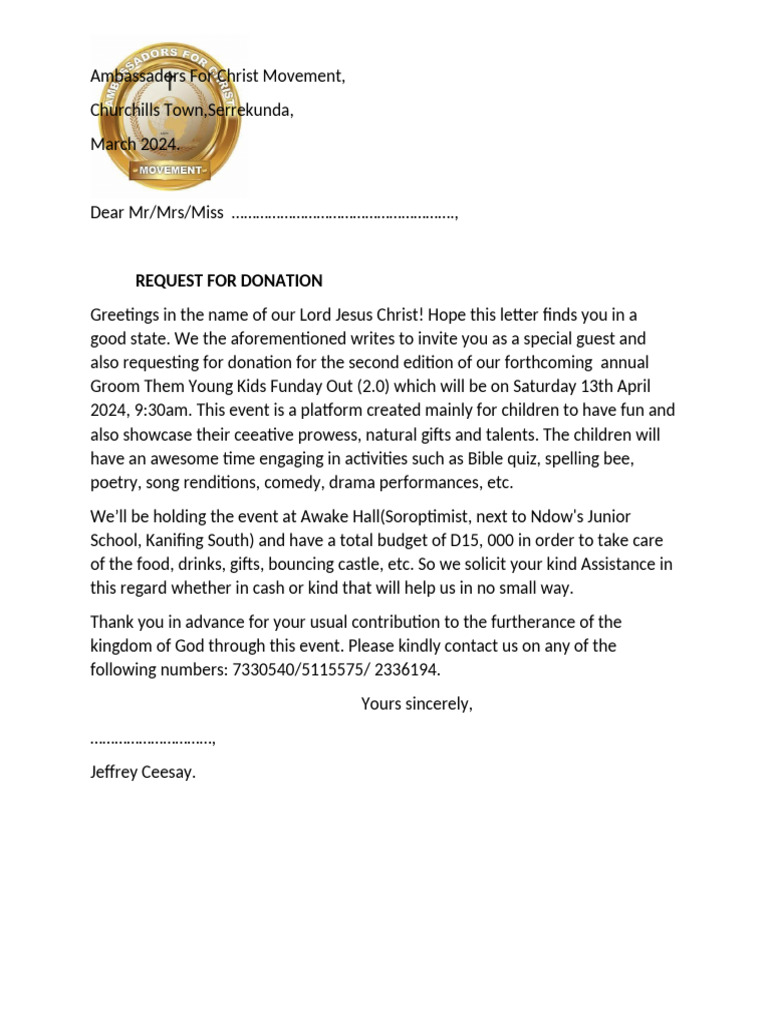 Request For Donation For Groom Them Young | PDF