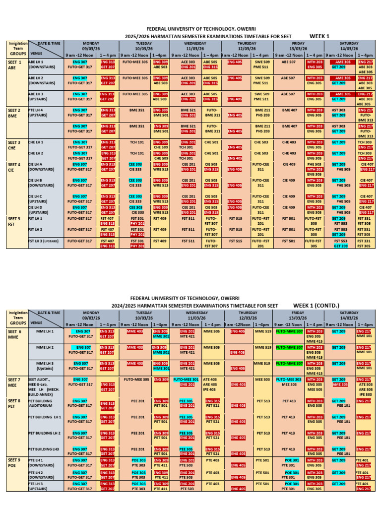 SEET 1st Draft 2025-2026 Harmattan Semester Exam Timetable | PDF ...