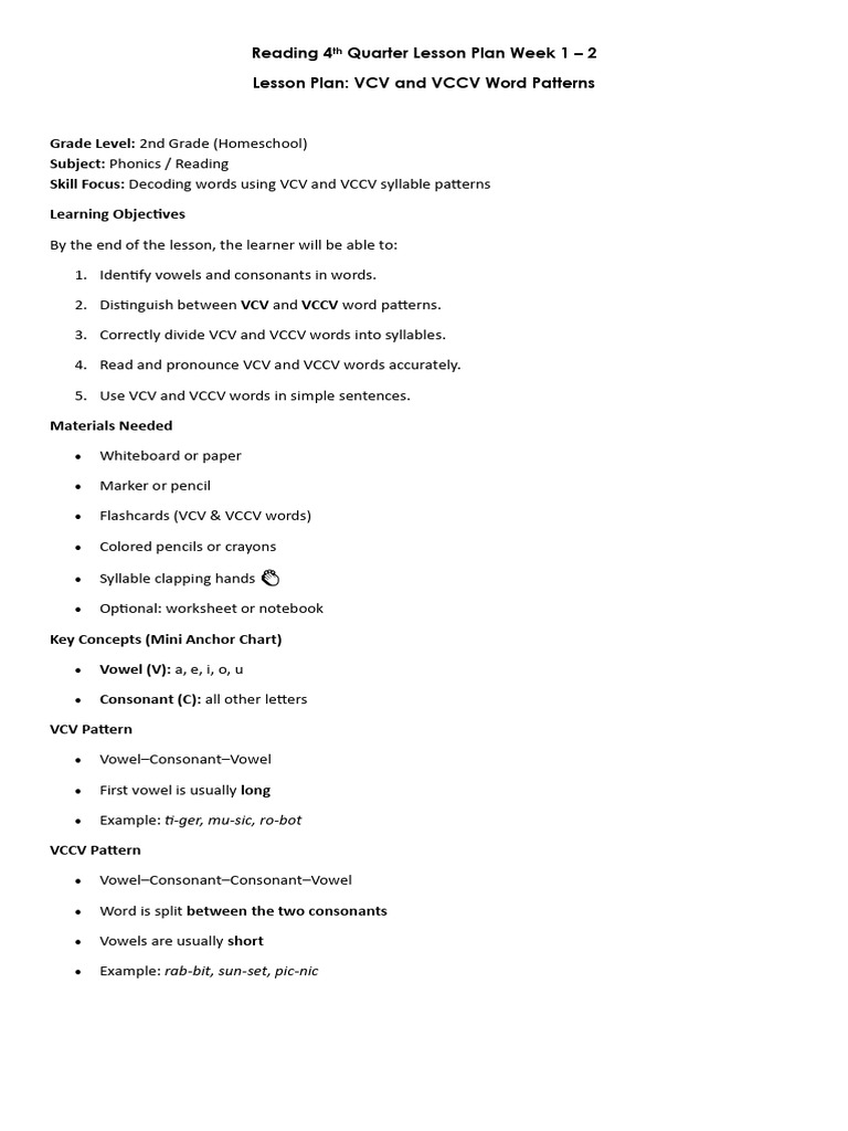 Reading 4th Quarter Lesson Plan Week 1 - 2 | PDF | Consonant | Syllable