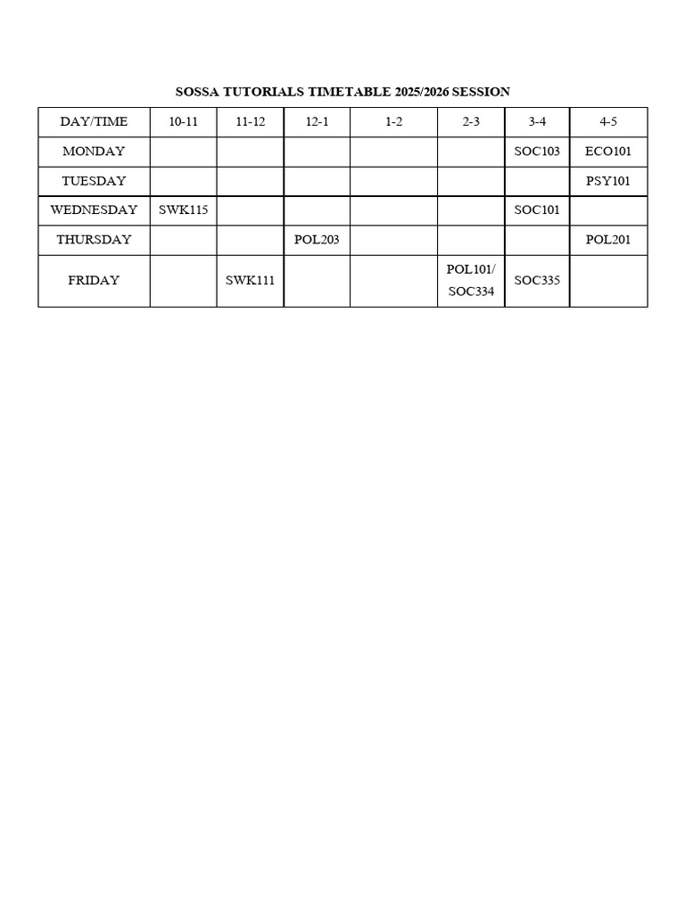 Sossa Tutorials Timetable 2025-2026 Session 2 | PDF