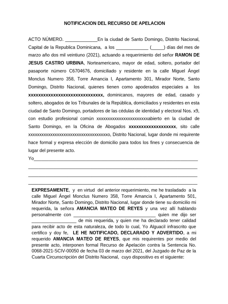 Acto de Recurso de Apelacion Raymond Castro | PDF | Debido al proceso ...