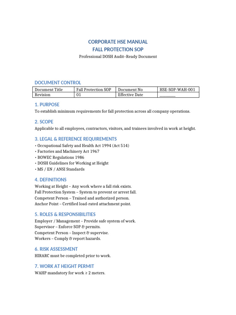 Corporate HSE Fall Protection SOP DOSH | PDF