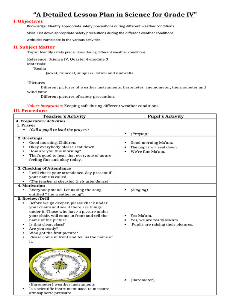 Lesson Plan - Science IV | PDF | Weather